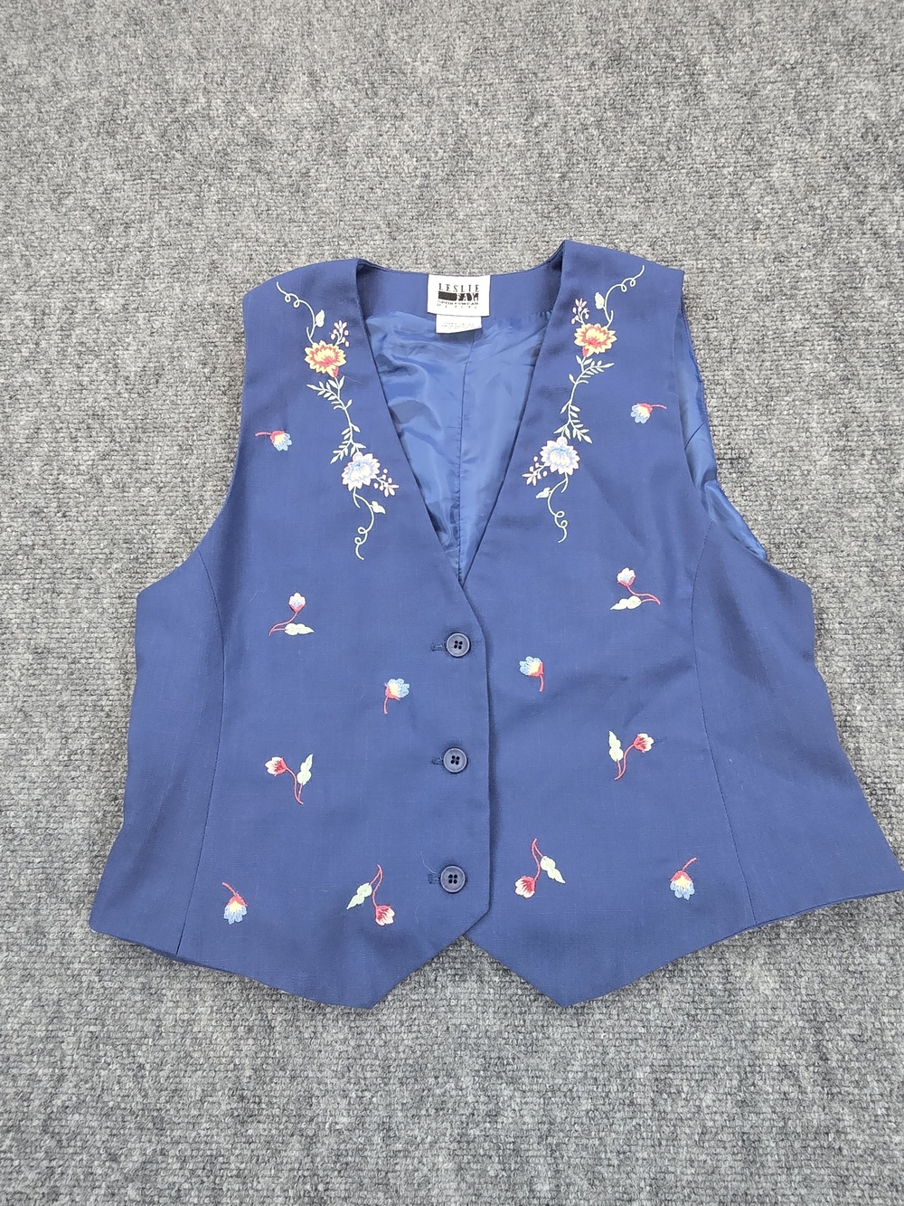 Vintage Leslie Fay Petite Floral Embroidered Vest Womens PM Blue Cottagecore
